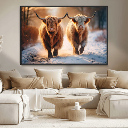 50490-MGV-CV-36X24-Highland Cow Wall Art – Rustic Panoramic Canvas Print Two Cattle Snowy Landscape, Farmhouse Country Decor for Living Room Office
