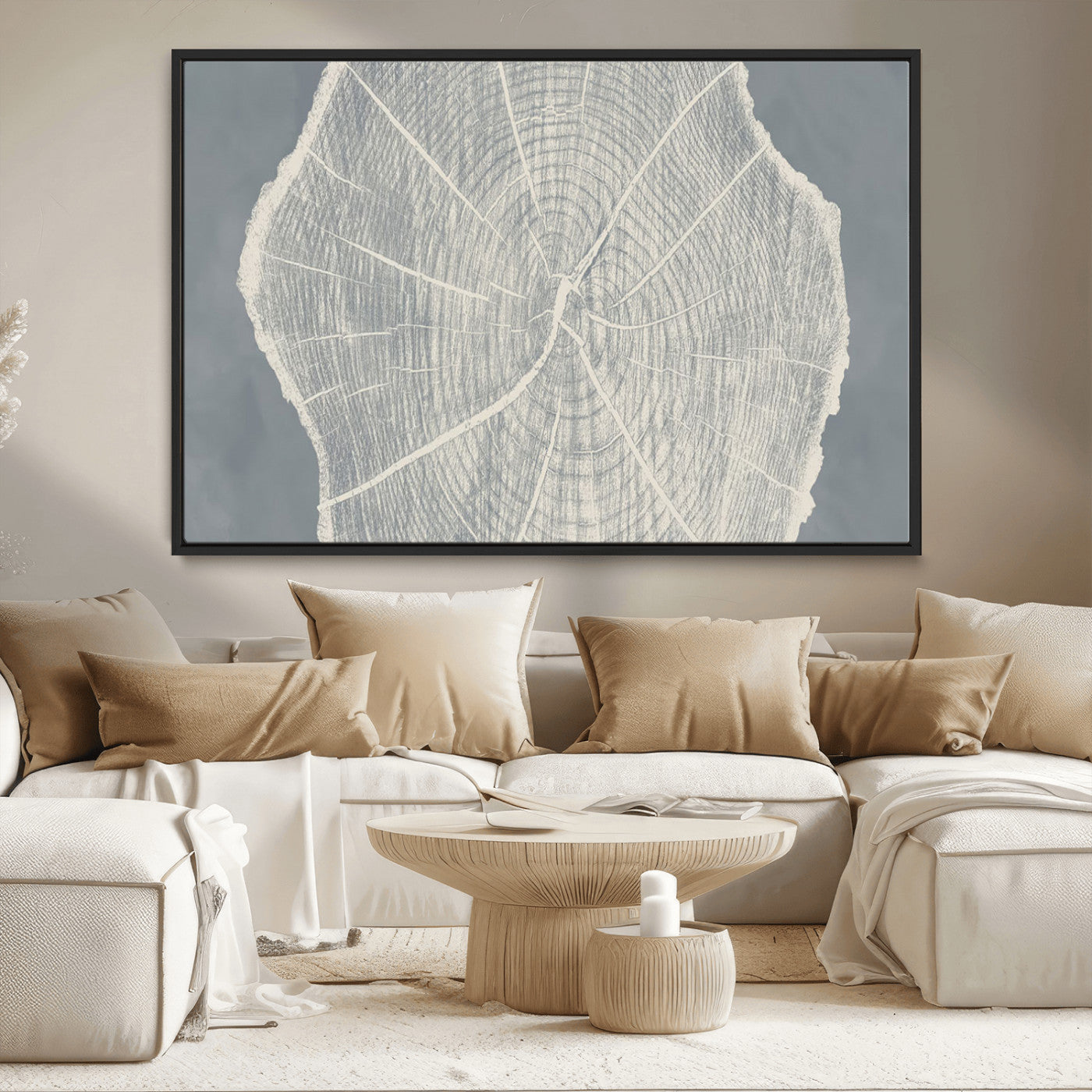 25547-MGV-CV-36X24-Tree Ring Wall Art Canvas Print, Framed Linocut Tree Ring Art Picture Print, Wood Texture Perfect Minimalist Farmhouse Decor