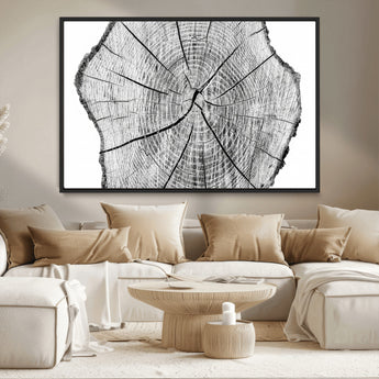 98709-MGV-CV-36X24-Tree Ring Wall Art – Black and White Canvas Print Rustic Wood Cross Section, Minimal Nature Inspired Decor for Living Room,