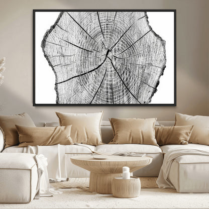 98709-MGV-CV-36X24-Tree Ring Wall Art – Black and White Canvas Print Rustic Wood Cross Section, Minimal Nature Inspired Decor for Living Room,
