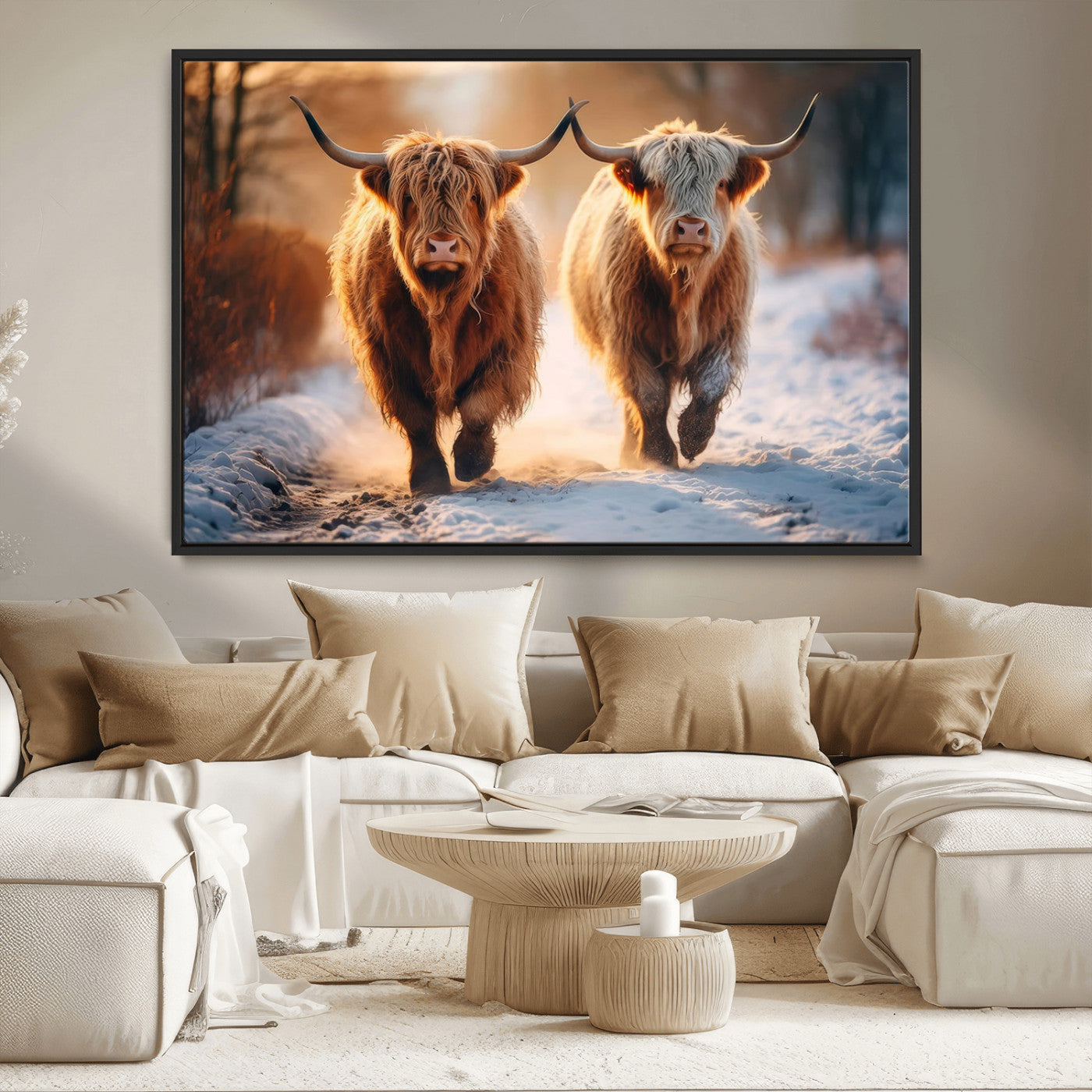 94810-MGV-CV-36X24-Highland Cow Wall Art – Rustic Canvas Print Two Cattle Snow Path Sunset, Farmhouse Country Decor for Living Room, Bedroom, Office,