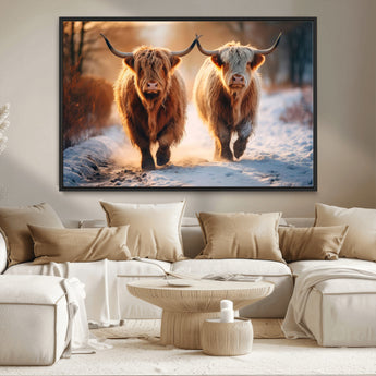 94810-MGV-CV-36X24-Highland Cow Wall Art – Rustic Canvas Print Two Cattle Snow Path Sunset, Farmhouse Country Decor for Living Room, Bedroom, Office,