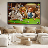34228-MGV-CV-36X24-Dogs Playing Pool Wall Art Canvas Print, Framed Funny Dog Art Picture Print, Dog Perfect Game Room Decor Artwork