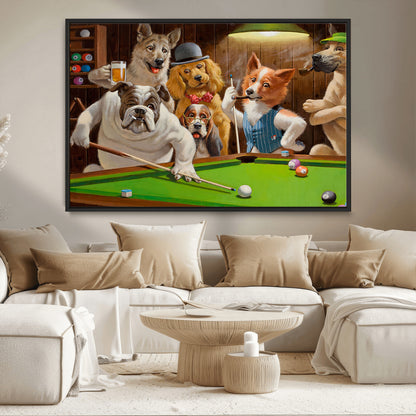 34228-MGV-CV-36X24-Dogs Playing Pool Wall Art Canvas Print, Framed Funny Dog Art Picture Print, Dog Perfect Game Room Decor Artwork