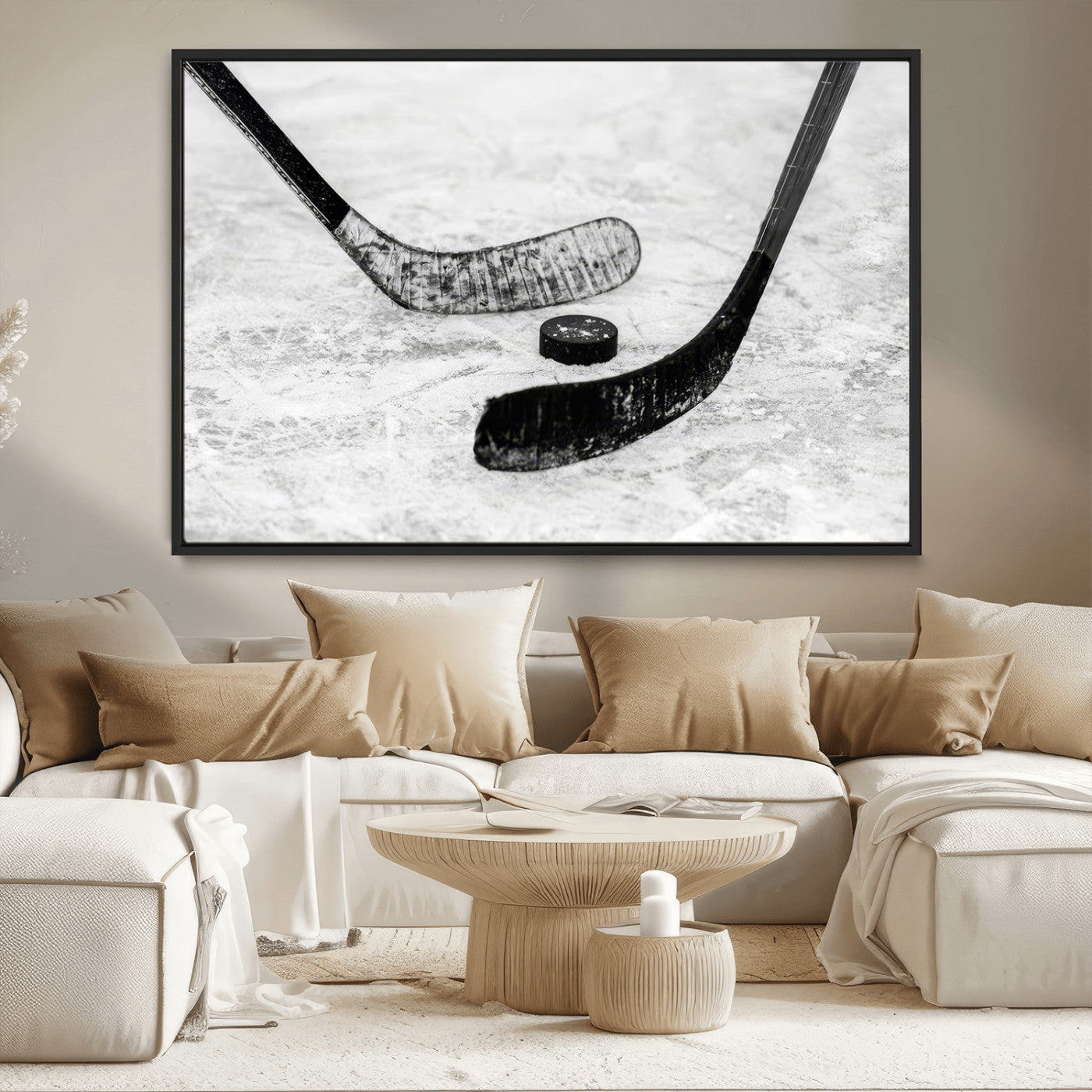 82900-MGV-CV-36X24-Hockey Wall Art – Black and White Canvas Print Ice Rink Sticks Puck Sports Photography, Modern Decor for Game Room, Man Cave,