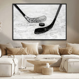 82900-MGV-CV-36X24-Hockey Wall Art – Black and White Canvas Print Ice Rink Sticks Puck Sports Photography, Modern Decor for Game Room, Man Cave,