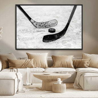 82900-MGV-CV-36X24-Hockey Wall Art – Black and White Canvas Print Ice Rink Sticks Puck Sports Photography, Modern Decor for Game Room, Man Cave,