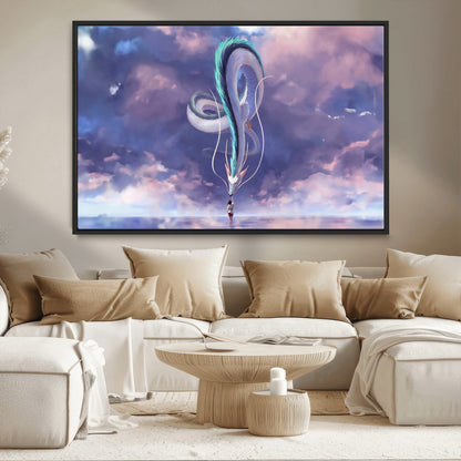 66864-MGV-CV-36X24-Fantasy Dragon Wall Art – Mystical Canvas Print Girl and Sky Serpent Dreamlike Clouds, Magical Anime Inspired Decor for Living