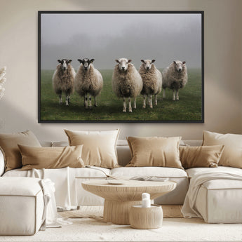 87339-MGV-CV-36X24-Sheep Wall Art – Rustic Farmhouse Canvas Print Flock Standing Misty Field Countryside Photography, Country Animal Decor for Living