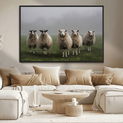 87339-MGV-CV-36X24-Sheep Wall Art – Rustic Farmhouse Canvas Print Flock Standing Misty Field Countryside Photography, Country Animal Decor for Living