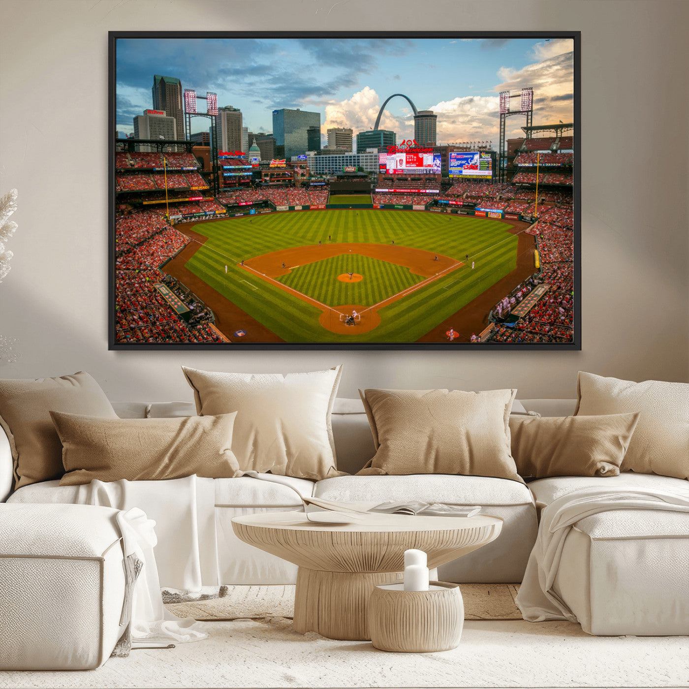 91908-MGV-CV-36X24-Baseball Stadium Wall Art – Canvas Print Game Day Field City Skyline Iconic Arch Scene Sports Photography, Decor for Game Room,