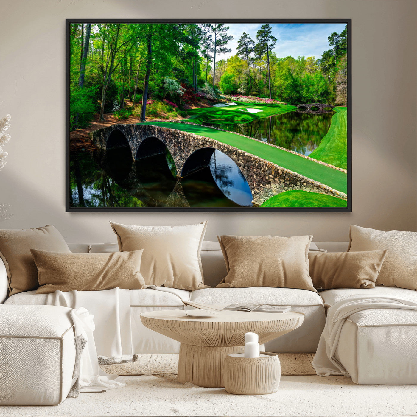 57655-MGV-CV-36X24-Golf Course Wall Art – Canvas Print Scenic Green Fairway Stone Bridge Water Reflection Landscape, Classic Sports Decor for Office,