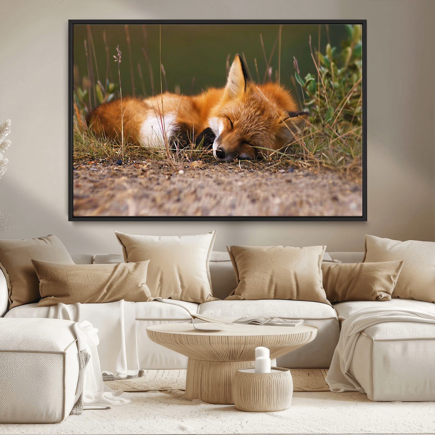 25085-MGV-CV-36X24-Sleeping Fox Wall Art Canvas Print, Framed Rustic Fox Art Picture Print, Wildlife Animal Perfect Rustic Farmhouse Decor Artwork