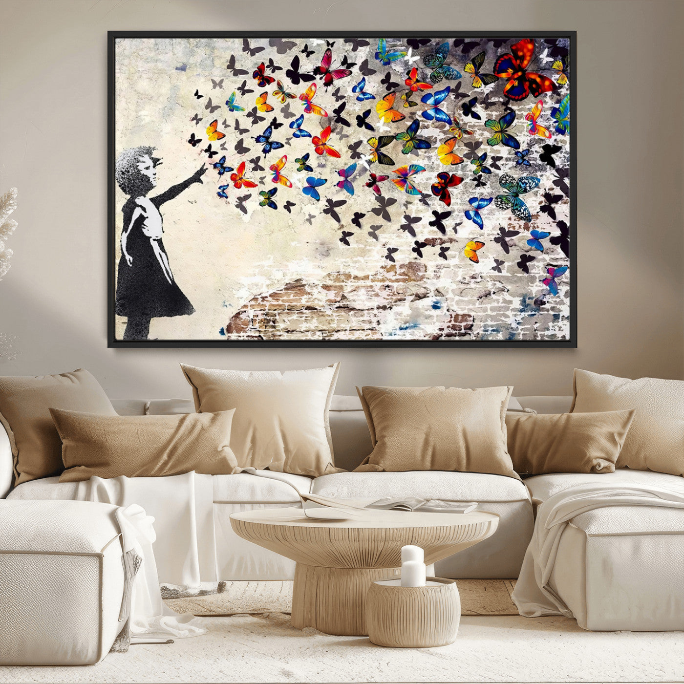 97895-MGV-CV-36X24-Girl with Butterflies Wall Art – Colorful Street Art Style Canvas Print, Modern Graffiti-Inspired Butterfly Artwork for Living