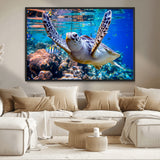 12683-MGV-CV-36X24-Sea Turtle Wall Art – Graceful Ocean Canvas Print with Coral Reef and Tropical Fish, Coastal Marine Life Decor for Beach House,