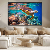 66614-MGV-CV-36X24-Sea Turtle Wall Art – Hawksbill Turtle Swimming Over Coral Reef Canvas Print, Ocean Marine Life Decor for Beach House, Coastal