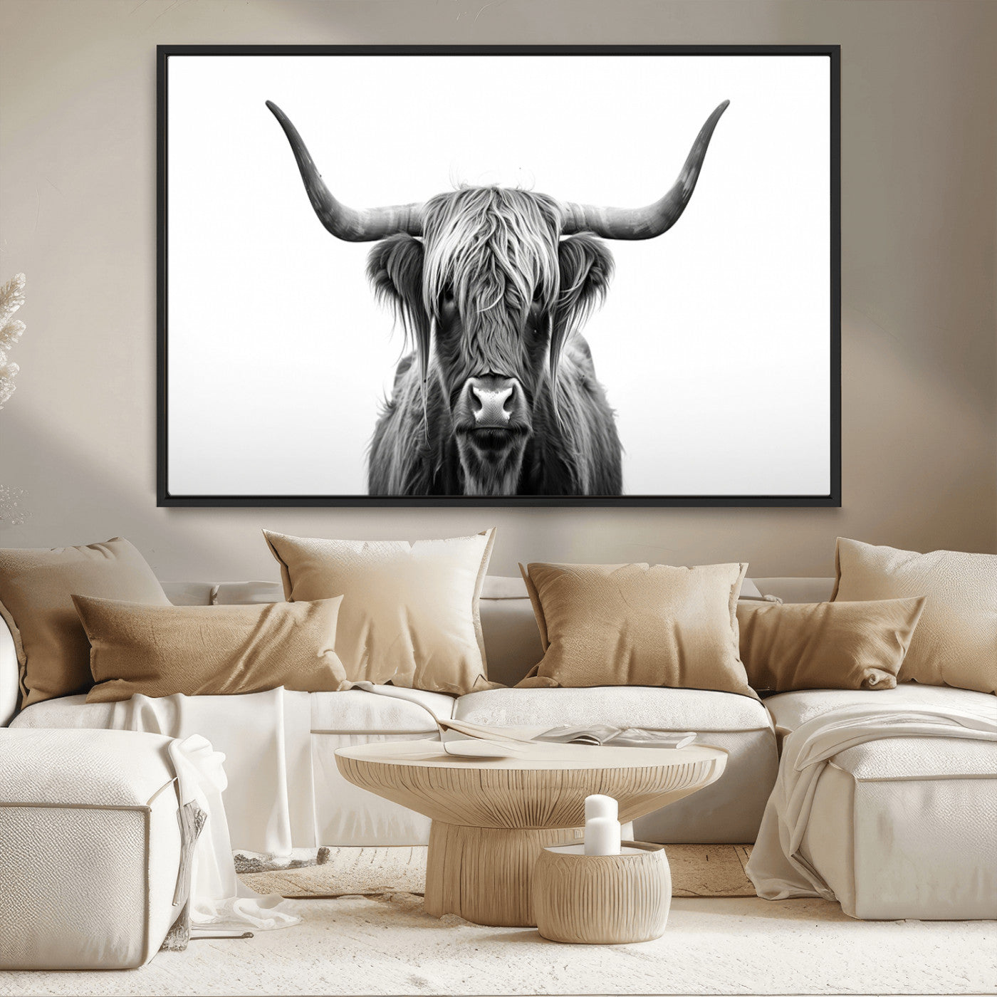 49556-MGV-CV-36X24-Highland Cow Wall Art – Black and White Scottish Highland Cattle Print, Rustic Farmhouse Minimalist Animal Portrait Canvas for
