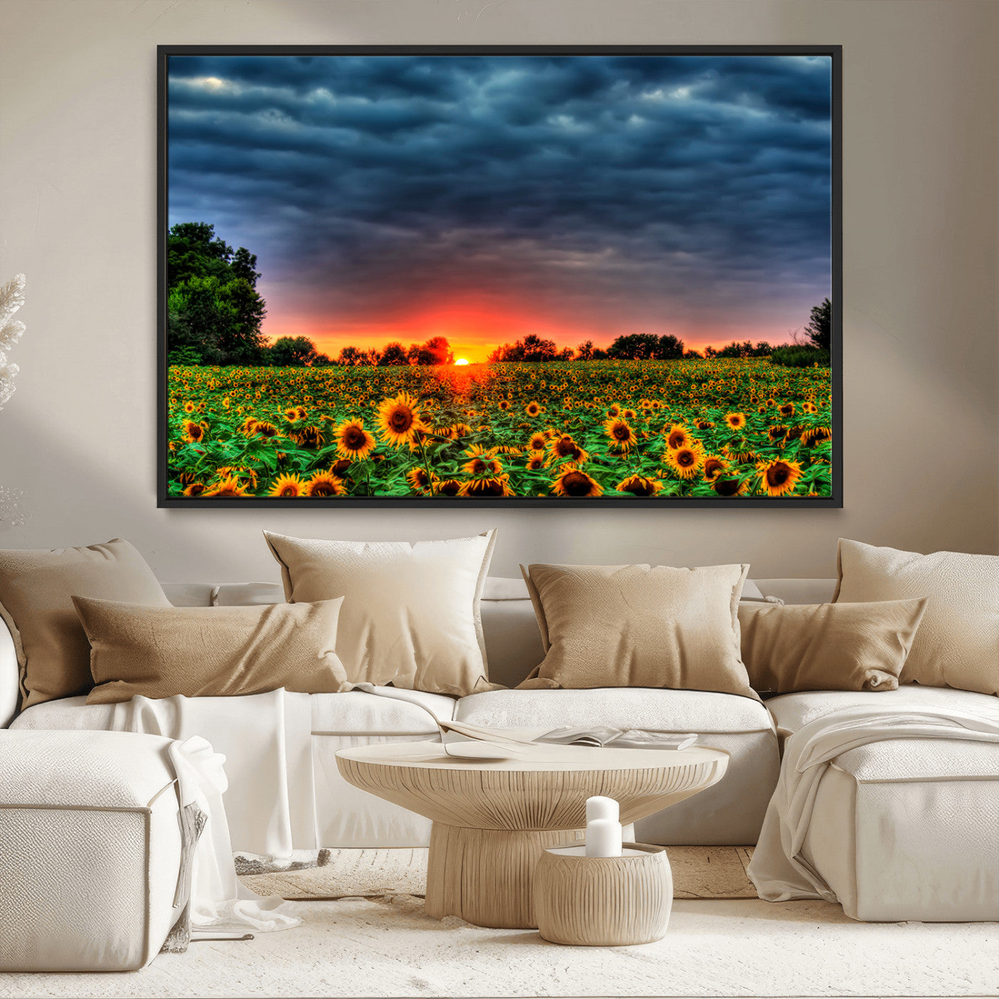 45045-MGV-CV-36X24-Sunflower Field Sunset Wall Art – Dramatic Stormy Sky Landscape Print, Vibrant Yellow Floral Nature Canvas for Living Room,