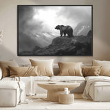 49504-MGV-CV-36X24-Black and White Grizzly Bear Wall Art – Wilderness Wildlife Painting, Rustic Mountain Cabin Decor, Monochrome Animal Print for