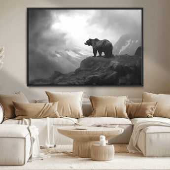 49504-MGV-CV-36X24-Black and White Grizzly Bear Wall Art – Wilderness Wildlife Painting, Rustic Mountain Cabin Decor, Monochrome Animal Print for