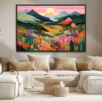 99638-MGV-CV-36X24-Sunset Meadow Wall Art – Panoramic Mountain Landscape with Wildflowers Canvas Print, Vibrant Nature Decor for Living Room, Bedroom