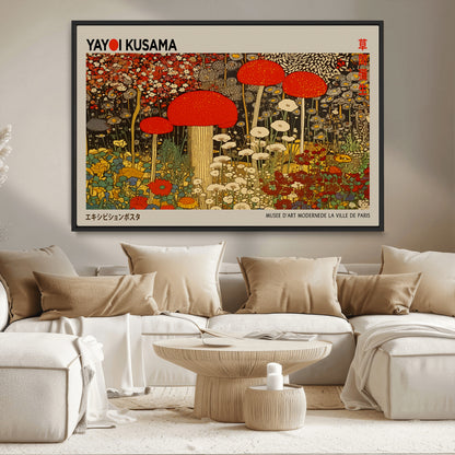 38013-MGV-CV-36X24-Yayoi Kusama Inspired Mushroom Garden Wall Art – Whimsical Botanical Canvas Print, Surreal Nature Poster, Fantasy Floral Artwork