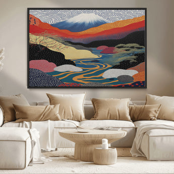 32131-MGV-CV-36X24-Japanese Mount Fuji Wall Art – Abstract Landscape Canvas Print with Swirling Sky & River, Modern Minimalist Asian Inspired Poster