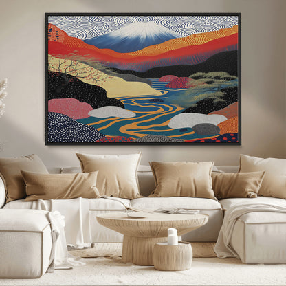 22313-MGV-CV-36X24-Yayoi Kusama Wall Art – Abstract Mount Fuji Landscape Canvas Print, Vibrant Japanese Nature Scene with River, Mountains and Sky