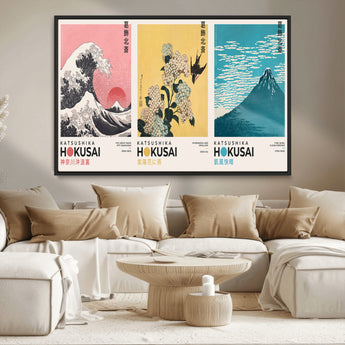 Katsushika-MGV-CV-36X24-Katsushika Hokusai Wall Art Set – The Great Wave, Hydrangea and Swallow, Fine Wind Canvas Prints, Japanese Ukiyo e Style Home and