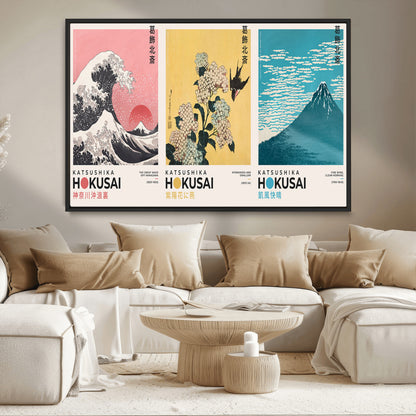 Katsushika-MGV-CV-36X24-Katsushika Hokusai Wall Art Set – The Great Wave, Hydrangea and Swallow, Fine Wind Canvas Prints, Japanese Ukiyo e Style Home and