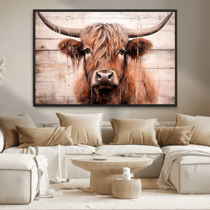 93730-MGV-CV-36X24-Scottish Cow Wall Art Canvas Print, Framed Longhorn Cow Art Picture Print, Highland Cattle Perfect Rustic Farmhouse Decor Artwork