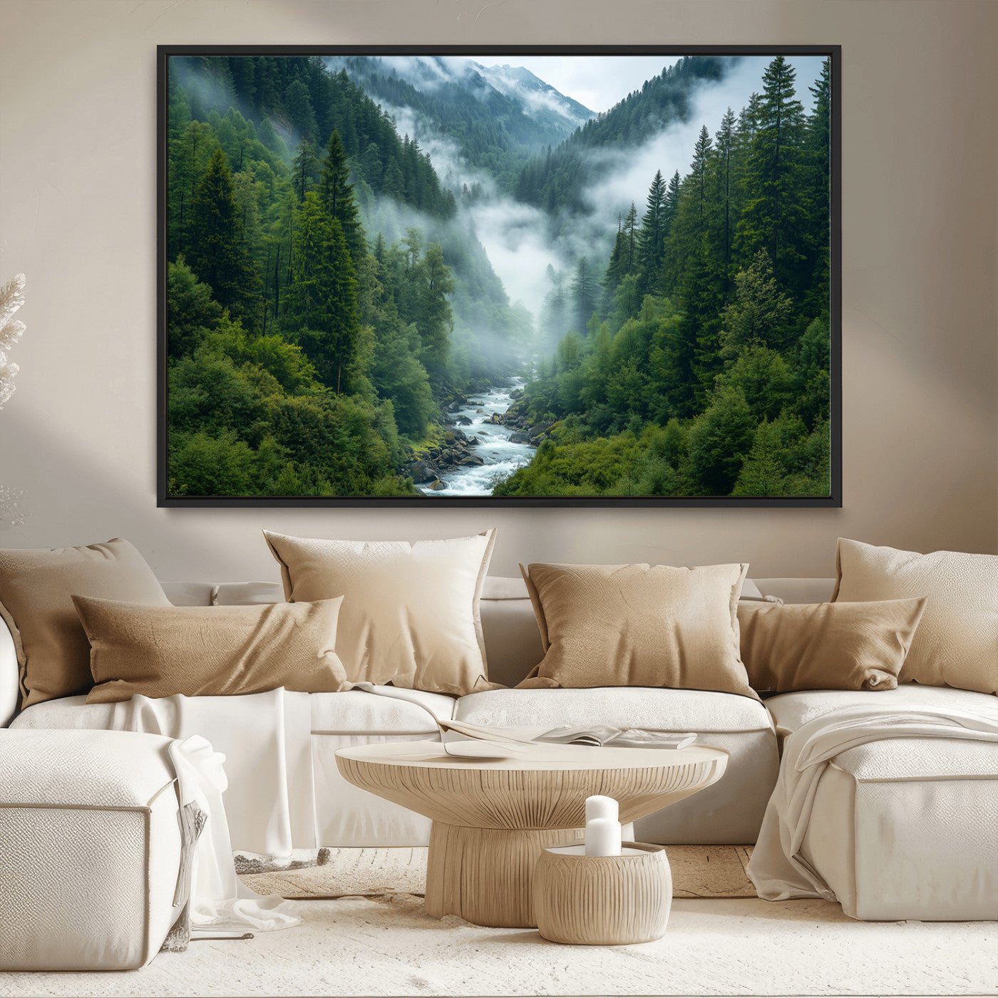 69453-MGV-CV-36X24-Mountain Forest Wall Art – Misty River and Evergreen Landscape Canvas Print, Nature Photography Poster for Living Room, Bedroom,