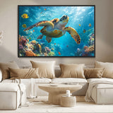 37623-MGV-CV-36X24-Sea Turtle Wall Art – Underwater Ocean Canvas Print with Coral Reef and Tropical Fish, Marine Life Painting Poster for Living