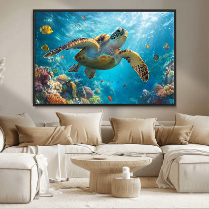 37623-MGV-CV-36X24-Sea Turtle Wall Art – Underwater Ocean Canvas Print with Coral Reef and Tropical Fish, Marine Life Painting Poster for Living