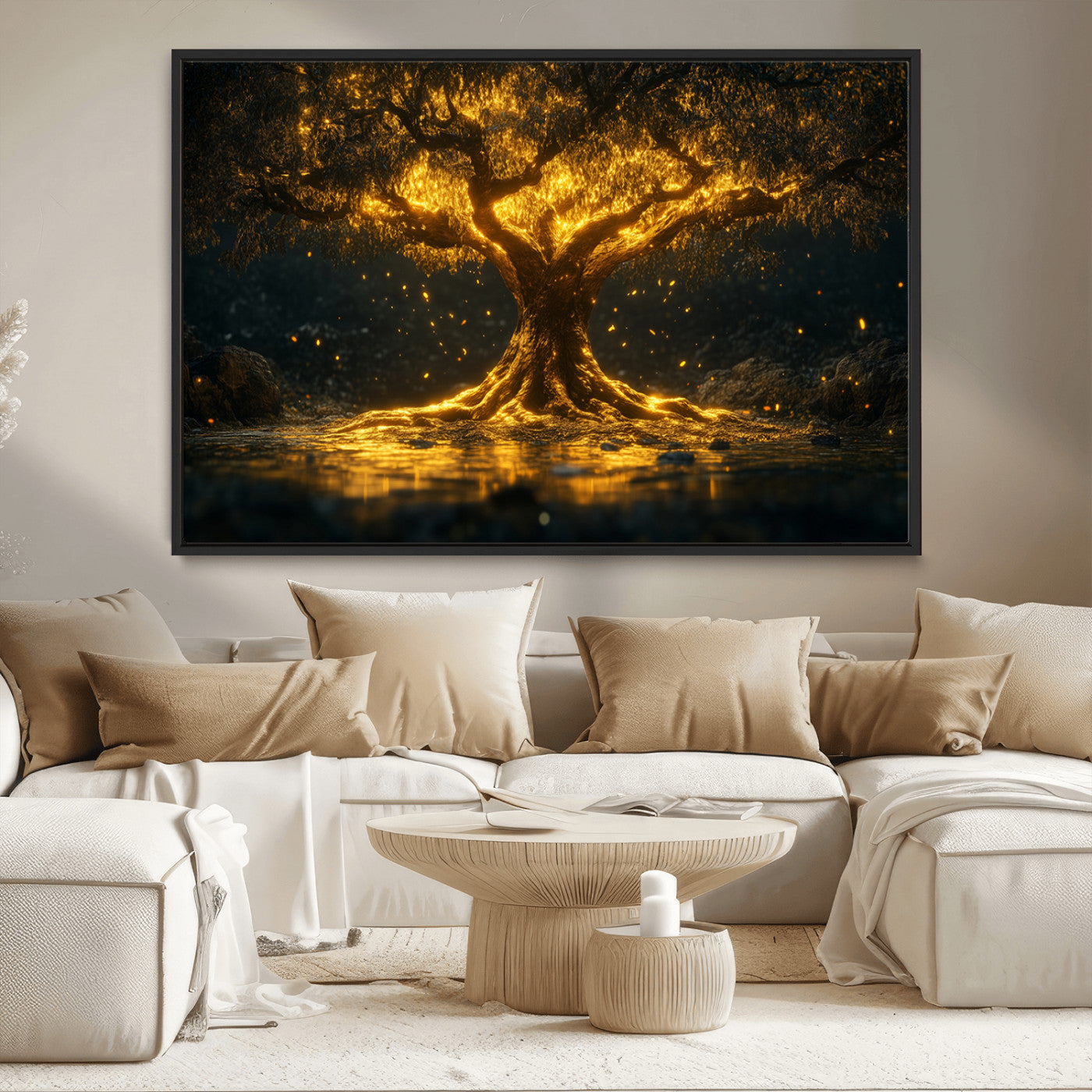 59580-MGV-CV-36X24-Glowing Tree Wall Art – Golden Fantasy Nature Canvas Print, Mystical Illuminated Tree Painting Poster for Living Room, Bedroom,