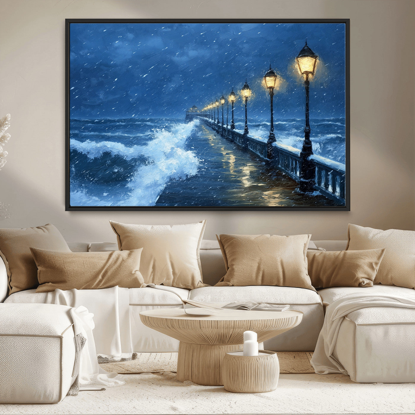 32668-MGV-CV-36X24-Stormy Pier Wall Art – Ocean Waves and Street Lamps Canvas Print, Rainy Night Seascape Oil Painting Poster for Living Room,