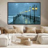 79606-MGV-CV-36X24-Rainy Pier Night Wall Art – Ocean Waves and Street Lamps Canvas Print, Moody Seascape Oil Painting Poster for Living Room,