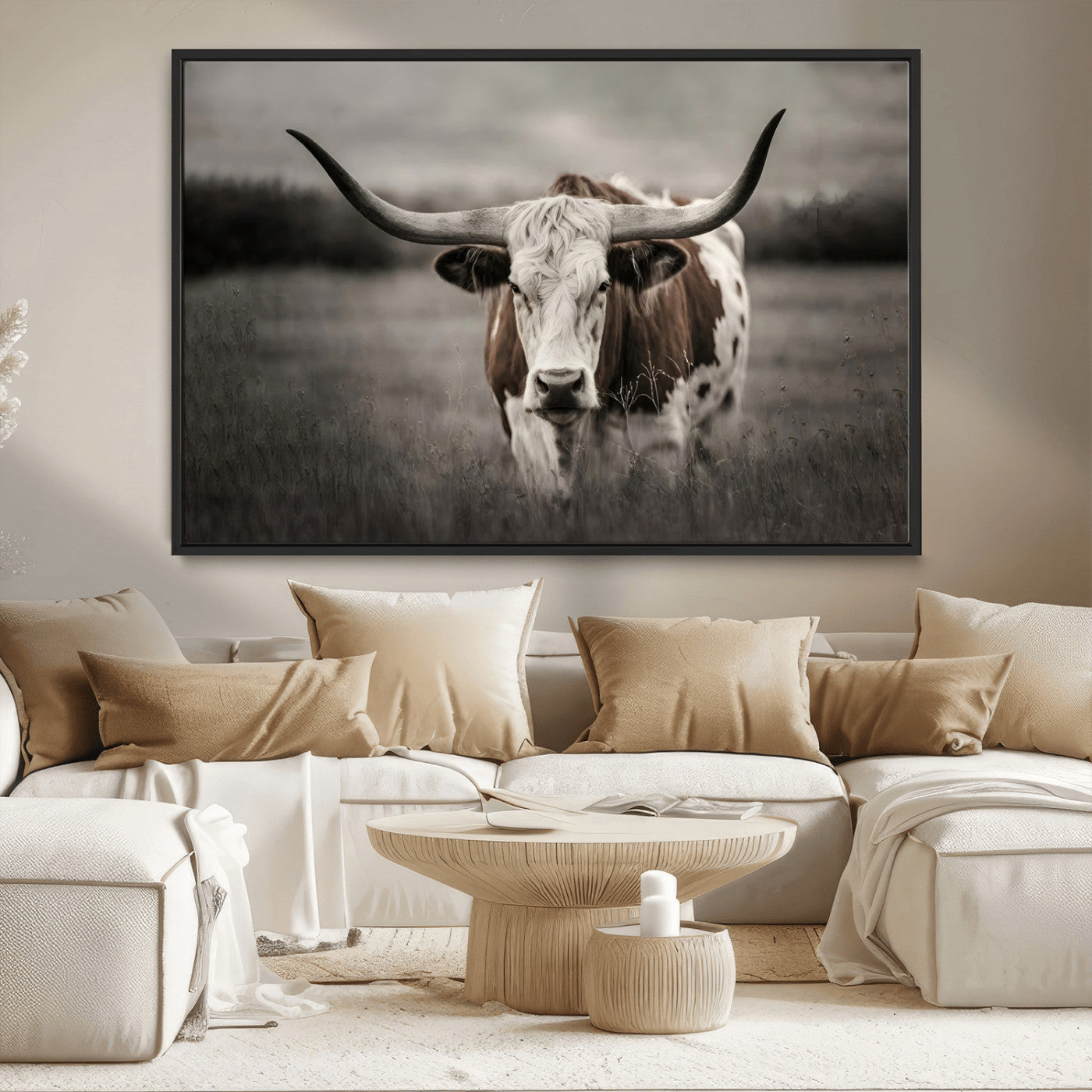 69238-MGV-CV-36X24-Longhorn Bull Wall Art – Rustic Black and White Texas Cattle Canvas Print, Western Farmhouse Animal Photography for Living Room,