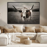 69238-MGV-CV-36X24-Longhorn Bull Wall Art – Rustic Black and White Texas Cattle Canvas Print, Western Farmhouse Animal Photography for Living Room,