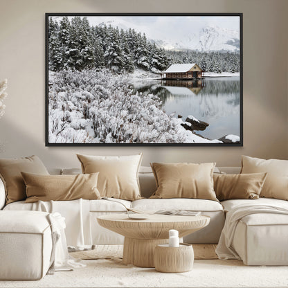 29975-MGV-CV-36X24-Winter Cabin by the Lake Wall Art – Snowy Mountain Landscape Canvas Print, Rustic Lodge Cabin Decor for Cozy Living Room, Bedroom