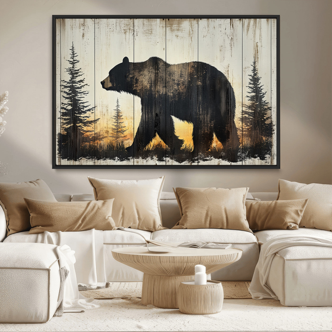 83875-MGV-CV-36X24-Sunset Bear Wall Art – Rustic Wildlife Canvas Print with Forest Silhouette, Cabin Lodge Decor for Living Room or Office