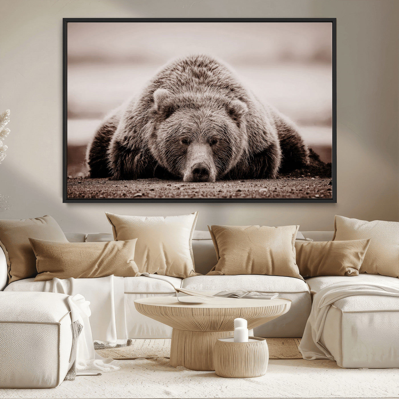 20611-MGV-CV-36X24-Grizzly Bear Wall Art – Majestic Wildlife Sepia Canvas Print, Rustic Nature Animal Artwork for Cabin, Lodge, Living Room, Bedroom,