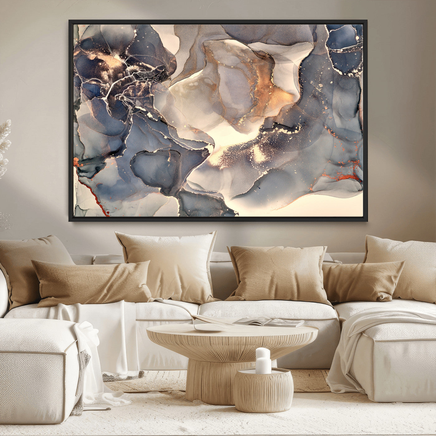 18202-MGV-CV-36X24-Abstract Neutral Wall Art – Blue, Beige and Gold Fluid Ink Canvas Print, Modern Minimalist Painting for Living Room, Office