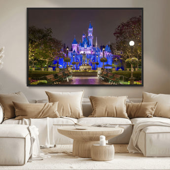 63560-MGV-CV-36X24-Fairy Tale Castle Wall Art – Magical Night Scene Canvas Print with Lights and Gardens, Fantasy Architecture Artwork for Living