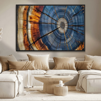 10583-MGV-CV-36X24-Tree Ring Wall Art – Abstract Wood Grain Canvas Print with Blue and Brown Tones, Nature Inspired Rustic Artwork for Living Room,