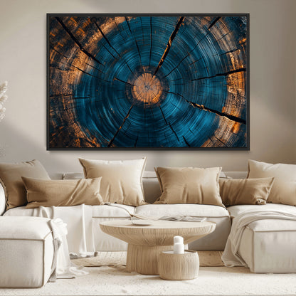 13398-MGV-CV-36X24-Tree Ring Wall Art – Abstract Wood Grain Canvas Print with Blue and Orange Accents, Rustic Nature Inspired Artwork for Living