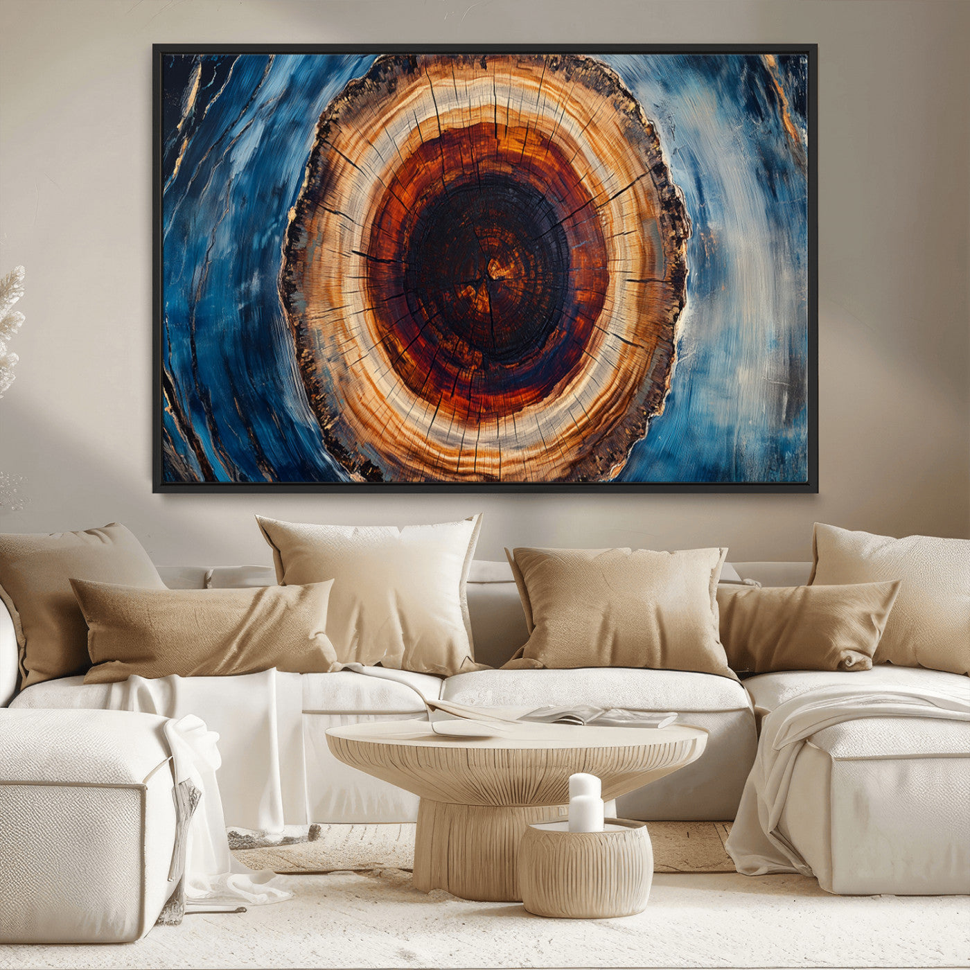 30457-MGV-CV-36X24-Tree Ring Wall Art – Abstract Wood Grain Canvas Print with Brown and Blue Swirl, Rustic Nature Inspired Artwork for Living Room,