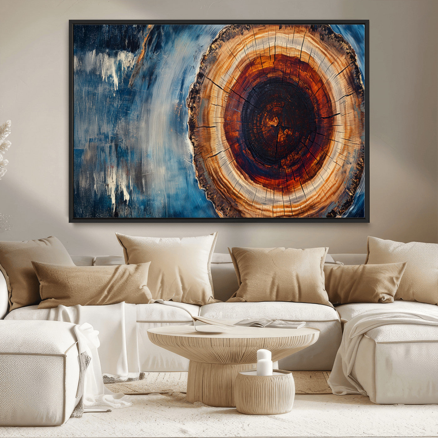 48045-MGV-CV-36X24-Tree Ring Abstract Wall Art – Rustic Wood Grain Canvas Print with Brown Center and Blue Brush Strokes, Nature Inspired Artwork for