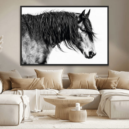 57694-MGV-CV-36X24-Horse Portrait Wall Art – Black and White Canvas Print with Detailed Stallion Profile, Rustic Farmhouse Equestrian Artwork for