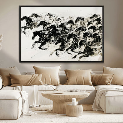 23069-MGV-CV-36X24-Galloping Horses Wall Art – Black Ink Painting on Canvas, Dynamic Equestrian Artwork with Running Stallions, Expressive Modern
